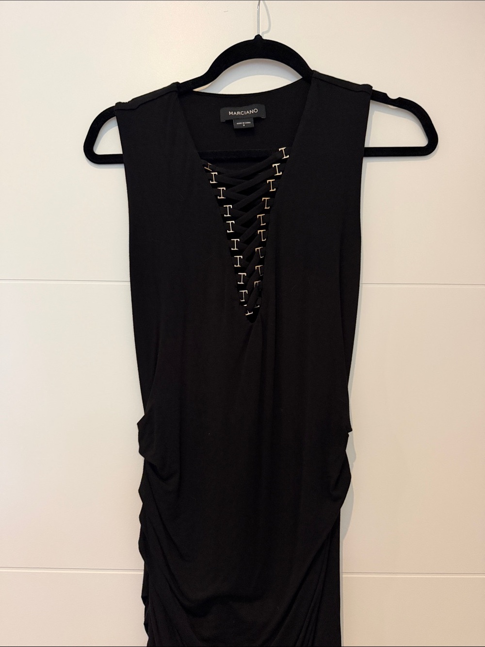 Marciano Black Lace-Up V-Neck Sleeveless Midi Dress